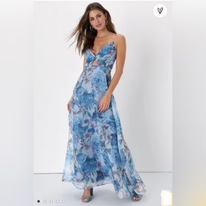 Enchanting Entrance Blue Floral Organza Keyhole Maxi Dress